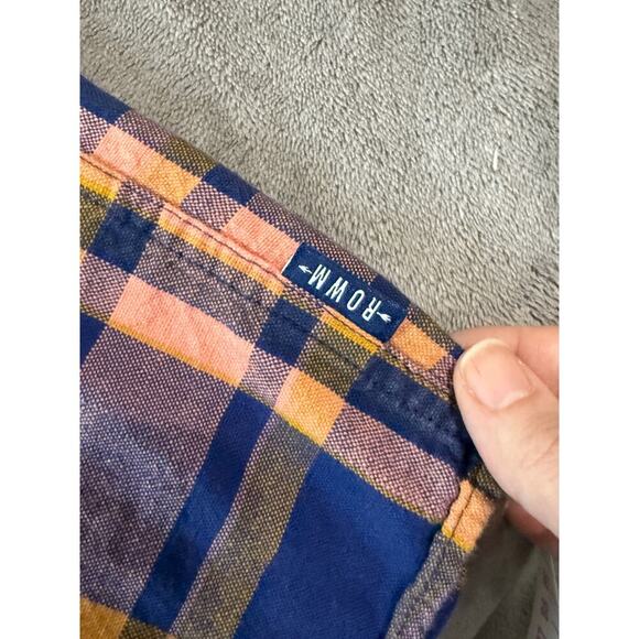 NWOT ROWM Size Large 100% Cotton Short Sleeve Plaid Shirt Peach Navy Blue Collar - Picture 5 of 8